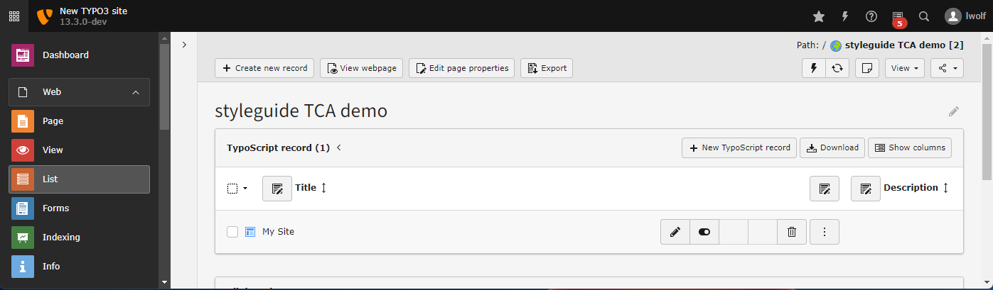 The TypoScript record in the list module