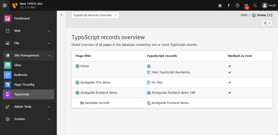 Screenshot of Submodule "TypoScript records overview" in the TYPO3 backend