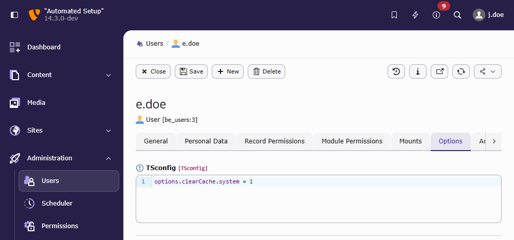 The TSconfig field in the Options tab of a backend user