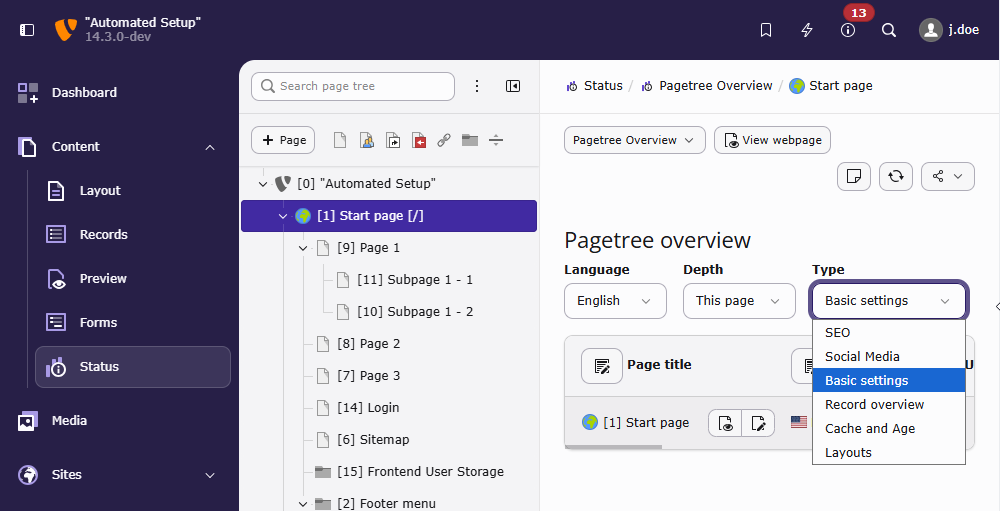 Default entries of Pagetree Overview