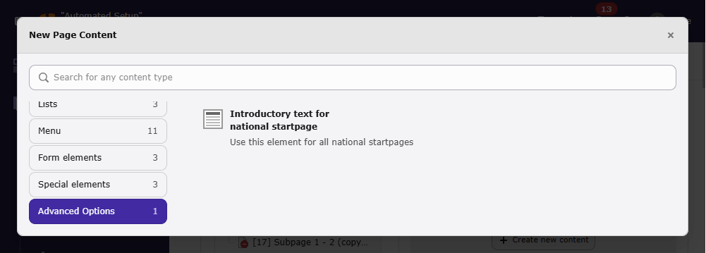 Added entry in the new content element wizard