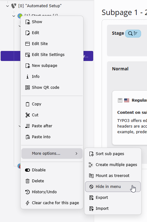 Context menu of the page tree