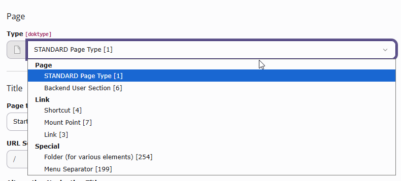 The Page types with modified labels