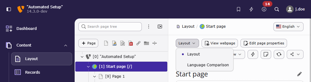 The function menu of the Content Layout module