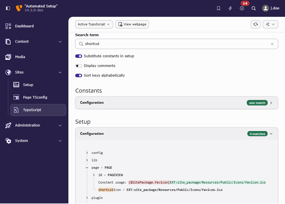 Screenshot of the Active TypoScript submodule in the TYPO3 Backend