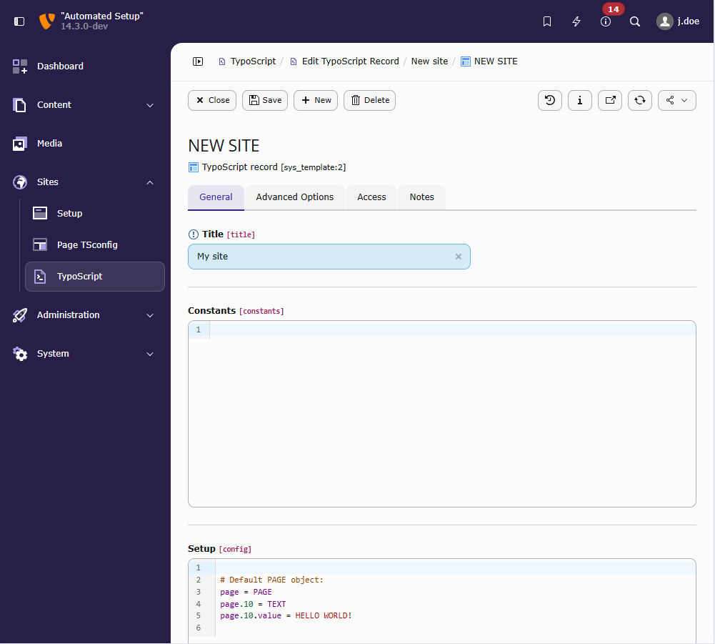 Screenshot of the TypoScript record editor showing the Constants and Setup fields