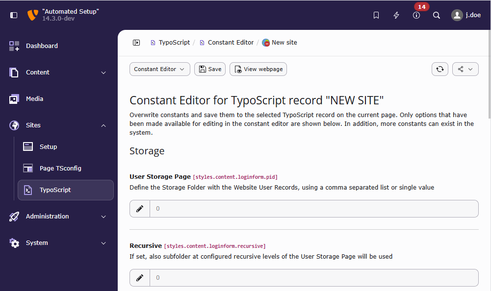 Screenshot of the TYPO3 Backend showing the constant editor