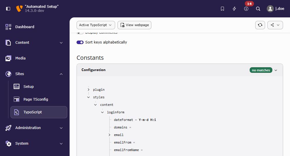 A Screenshot showing the "Constants" section of the "Active TypoScript" submodule.
