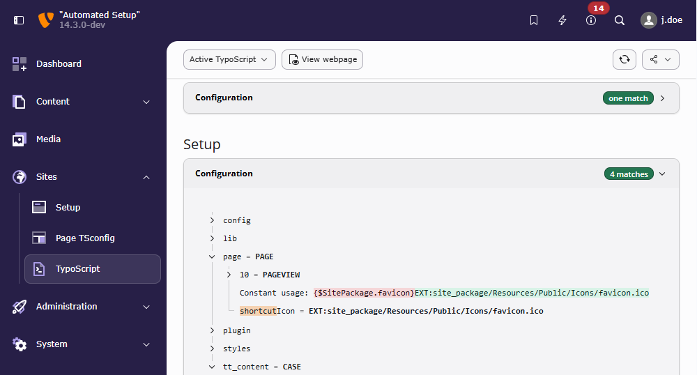 Screenshot of the Active TypoScript with constants substituted