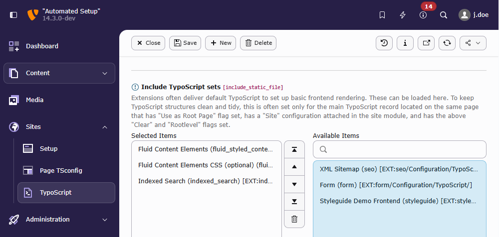 "Include TypoScript sets" by choosing from the "Available items"