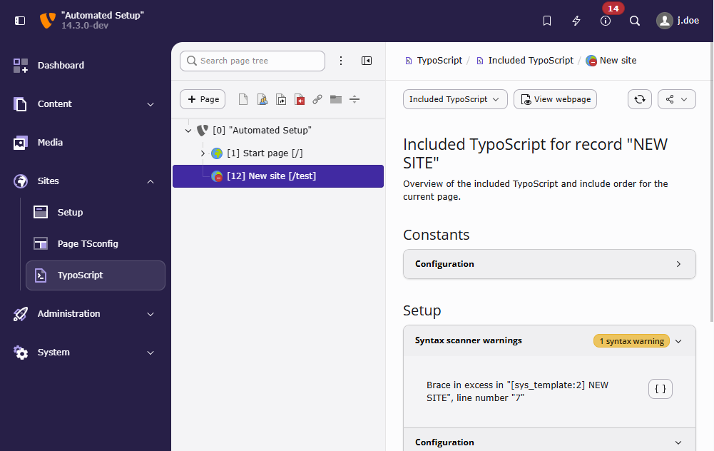 The submodule 'Included TypoScript' showing a syntax warning
