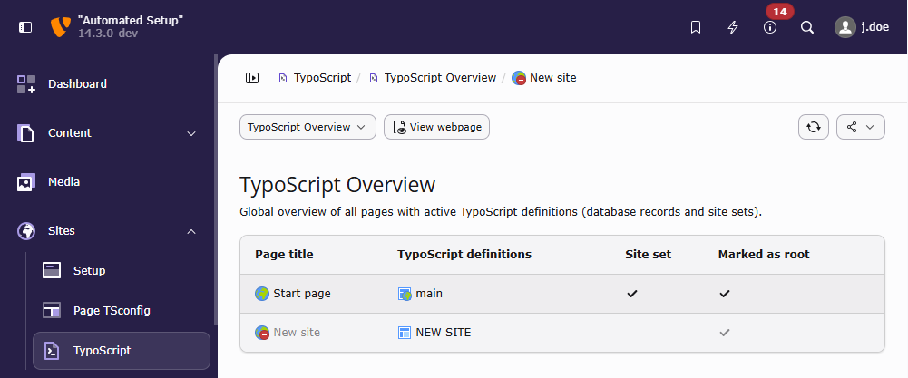 Screenshot of Submodule "TypoScript records overview" in the TYPO3 backend