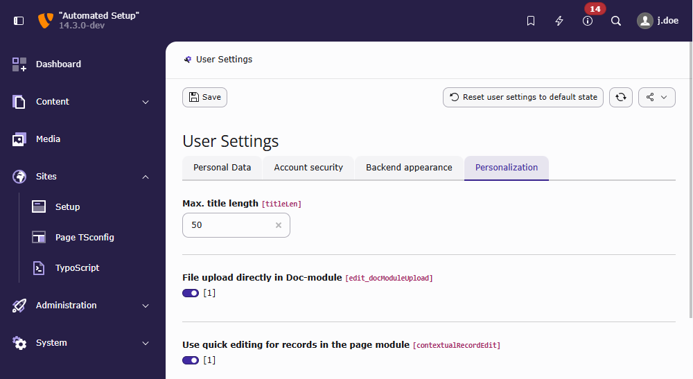 Default values and overriding values in the "User > User settings" module