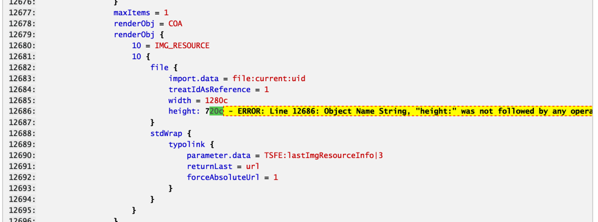 The TypoScript Object Browser showing a syntax error