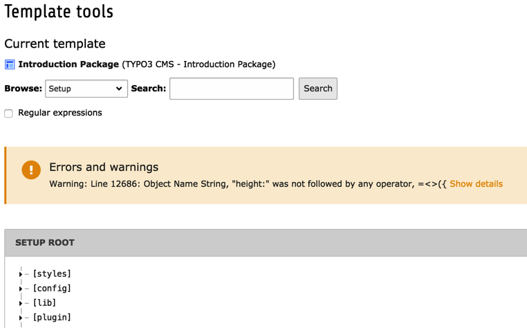 The TypoScript Object Browser showing a syntax error