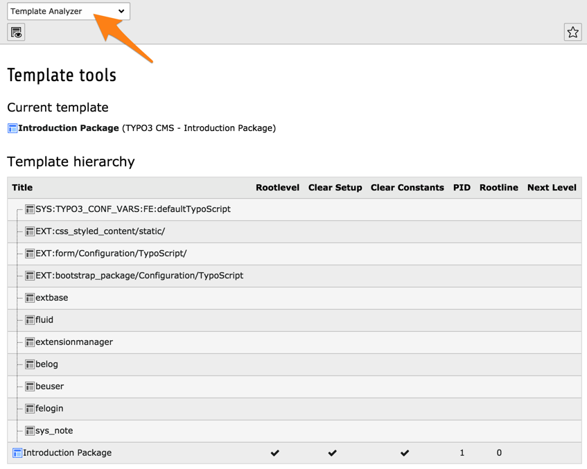 All templates applying to a page, as used by the Introduction Package