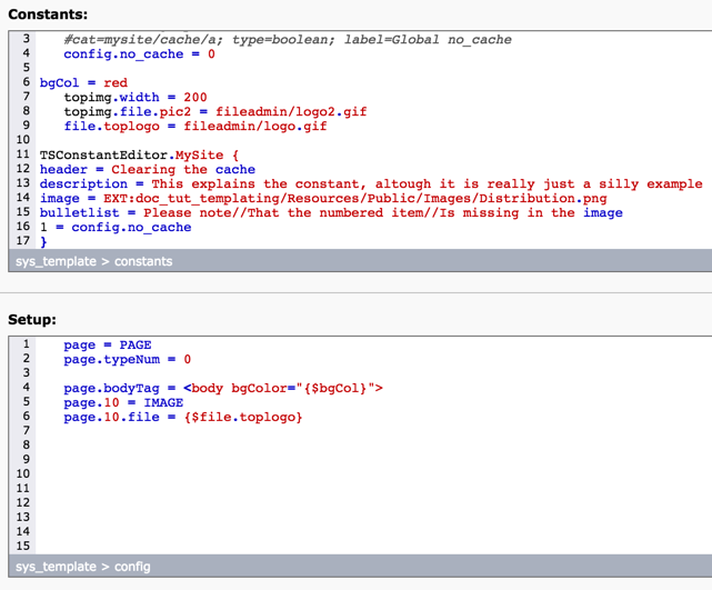 The Constants and Setup fields of a TypoScript template