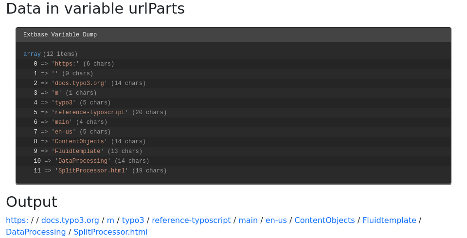 Output of a SplitProcessor, including debug output