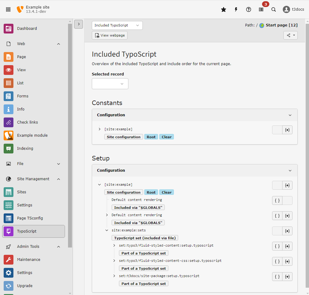 Screenshot of the module Site Management > TypoScript > Included TypoScript
