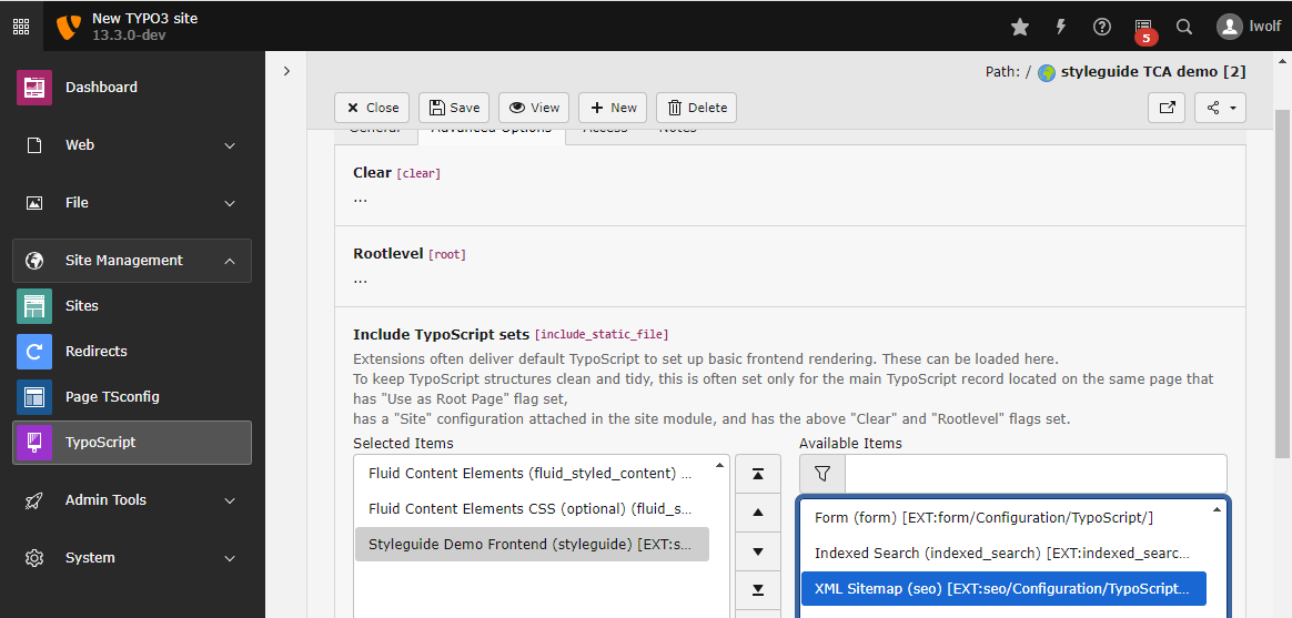 "Include TypoScript sets" by choosing from the "Available items"