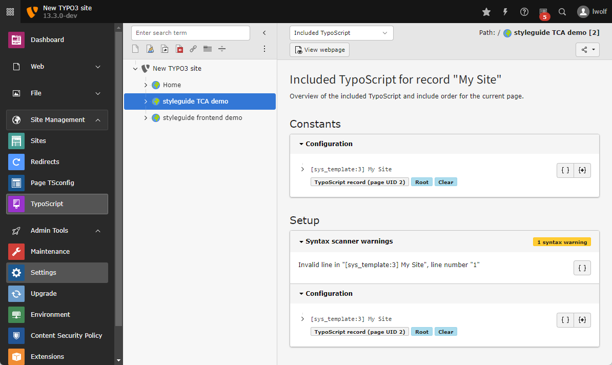 The submodule 'Included TypoScript' showing a syntax warning