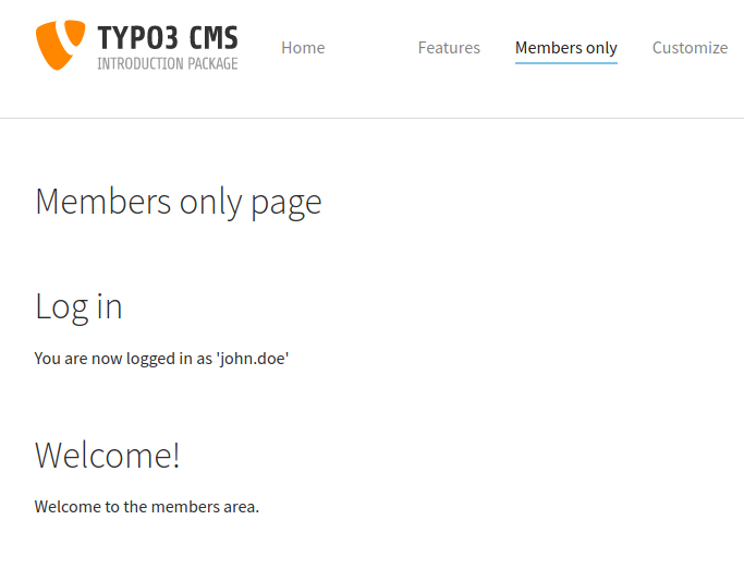 The page with the authenticated user