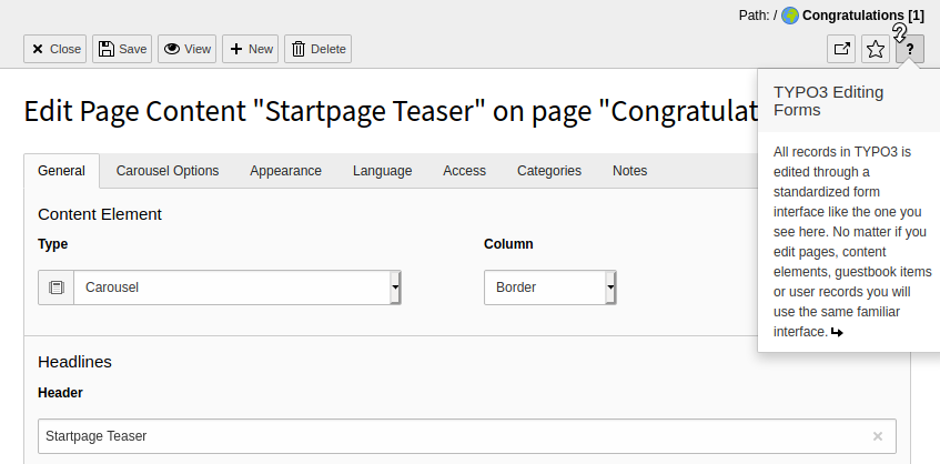 Context help window for the editing interface