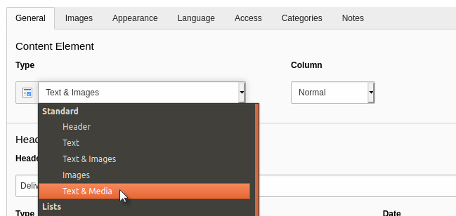 Editing a content element to change its type
