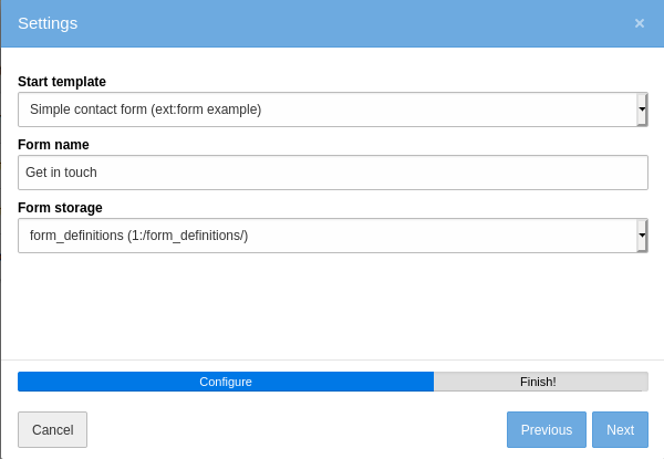 The Settings step of the Create new form wizard.
