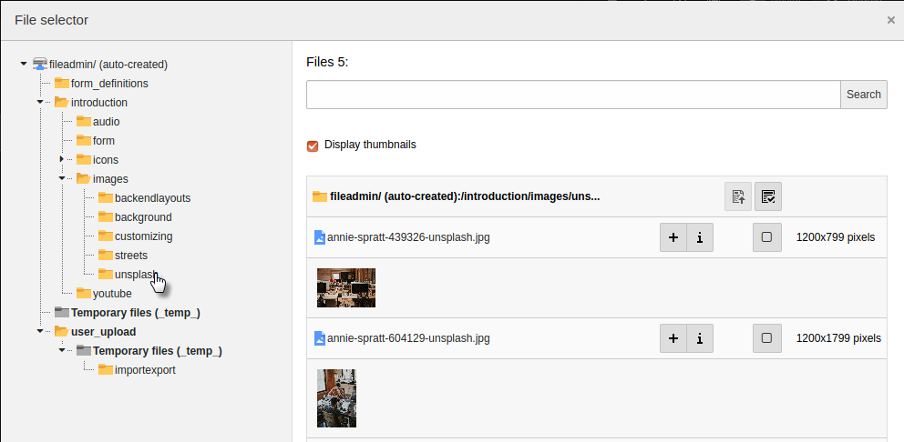The window for selecting images
