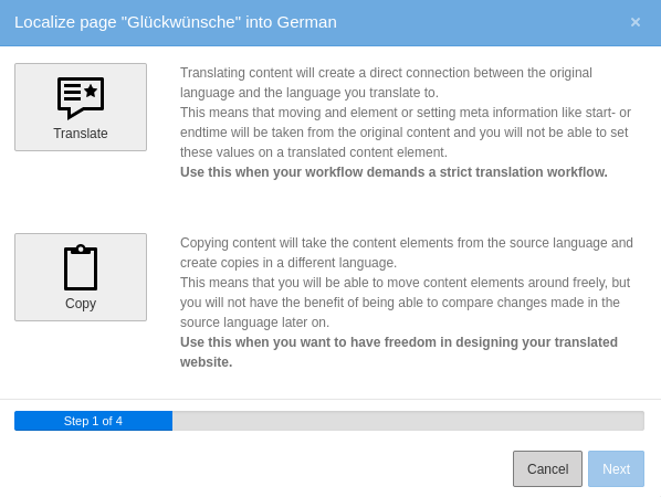 First step of the Localize wizard