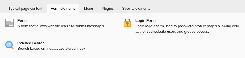 The 'Form Elements' tab of the new content element window