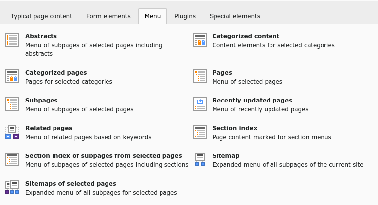 The 'Menu Elements' tab of the new content element window