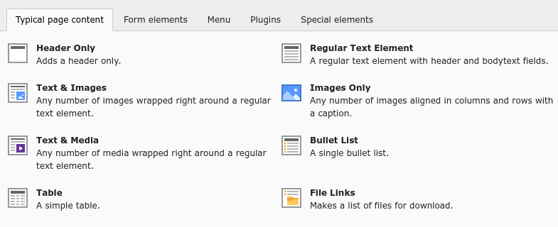 The 'Typical Page Content' tab of the new content element window