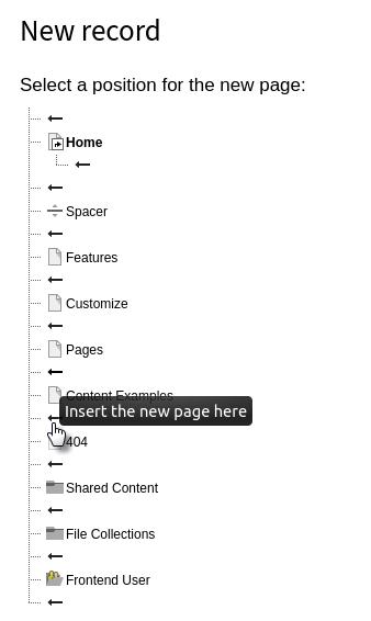 Selecting a position for the new page using the wizard