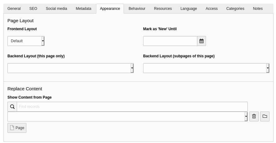 The "Appearance" tab of the page properties