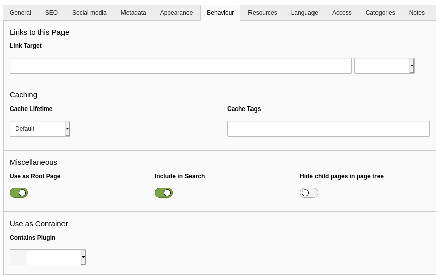 The Behaviour tab of the page properties