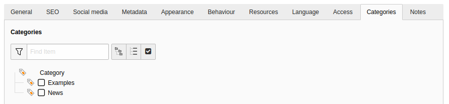 The Categories tab of the page properties