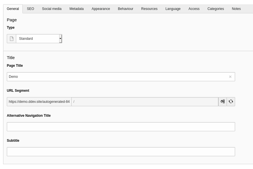 The General tab of the page properties