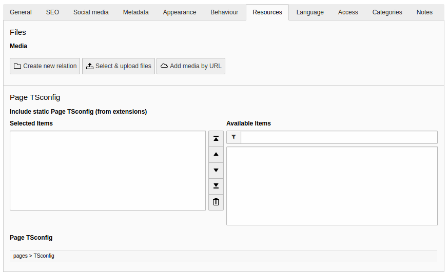 The Resources tab of the page properties