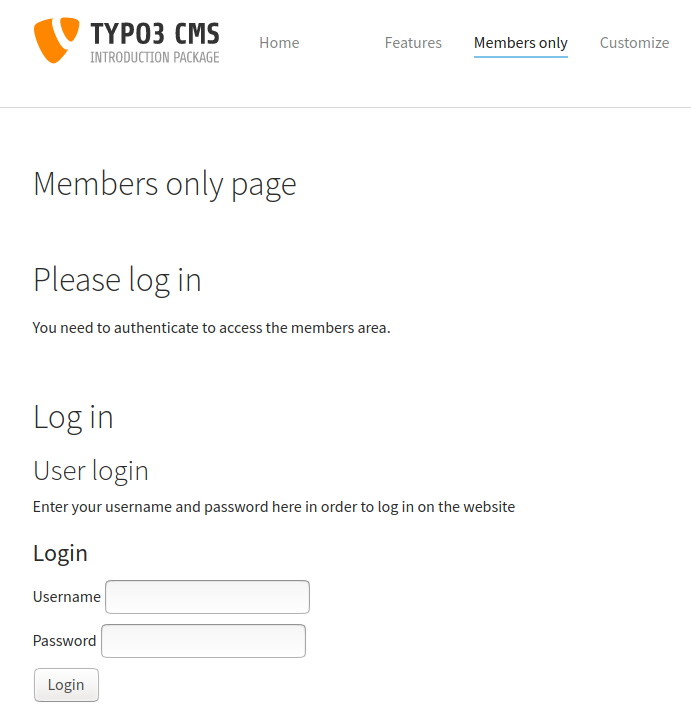 The page with the login box
