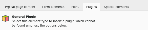 The 'Plugins' tab of the new content element window