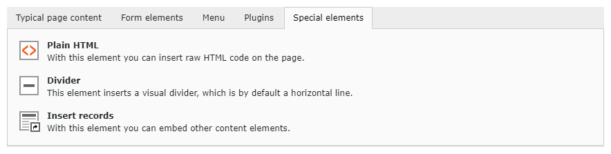 The 'Special Elements' tab of the new content element window