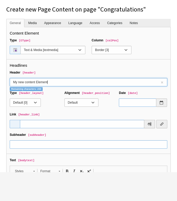 Empty input form for a Text & Media content element