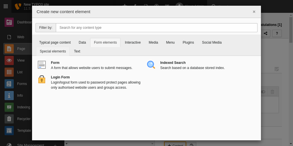 The 'Form Elements' tab of the new content element window