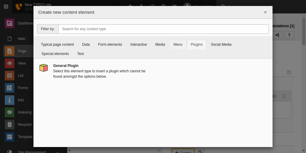 The 'Plugins' tab of the new content element window