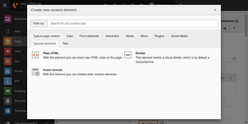 The 'Special Elements' tab of the new content element window
