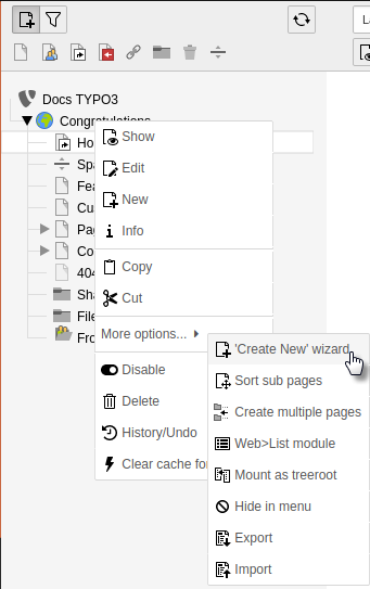 Creating pages with context menu