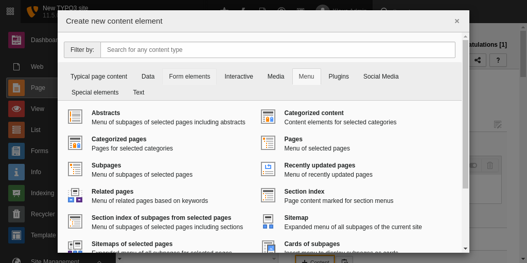 The 'Menu' tab of the new content element window