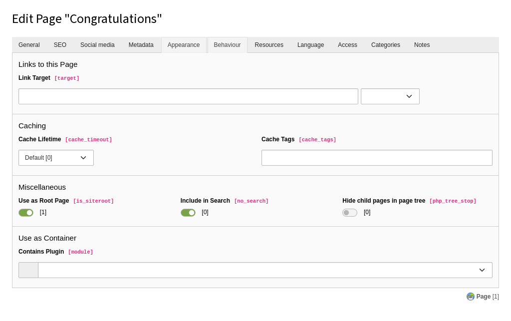 The Behaviour tab of the page properties